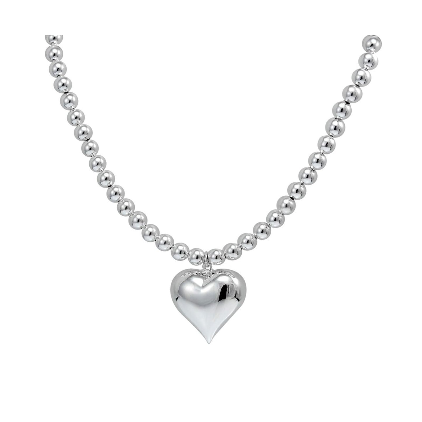Puffed Heart Necklace | Polished Beads Minimal Silver Jewelry for Women