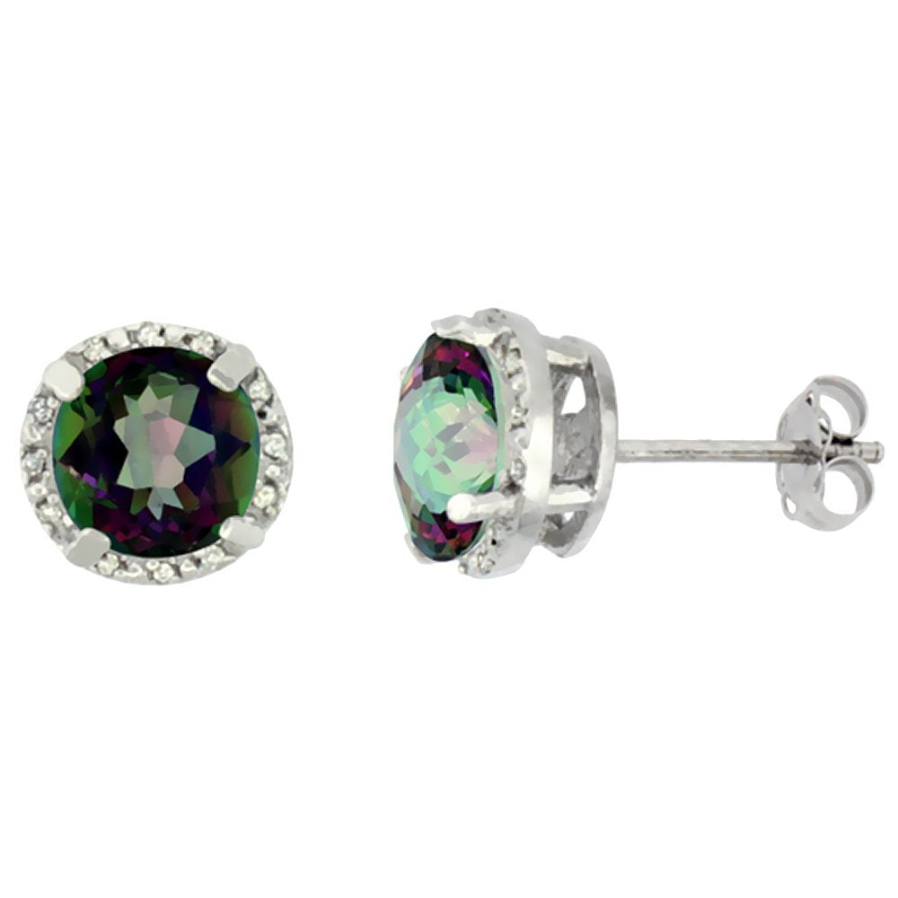White Gold Diamond Mystic Topaz Earrings | Minimal Round Stud Jewelry
