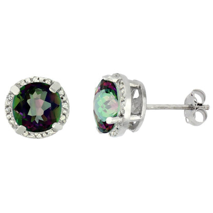 White Gold Diamond Mystic Topaz Earrings | Minimal Round Stud Jewelry
