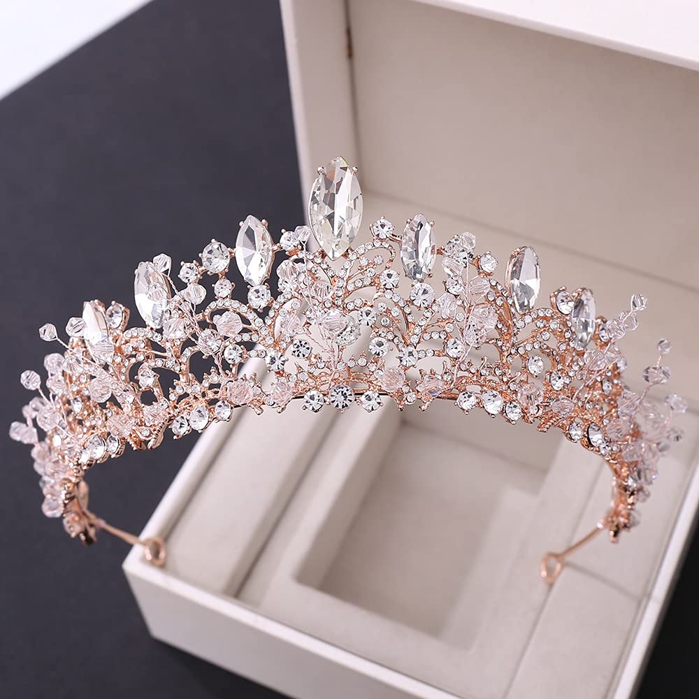 Crystal Bridal Tiara Crown | Minimal Rose Gold Rhinestone Wedding Headpiece