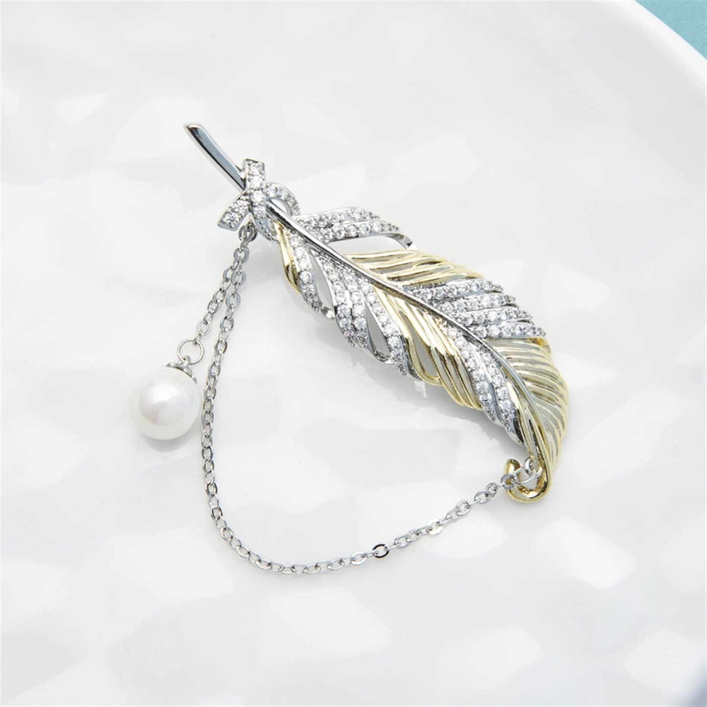Pearl Chain Feather Brooch | Elegant Minimal Women’s Wedding Pin Accessory