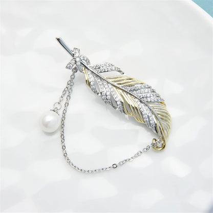 Pearl Chain Feather Brooch | Elegant Minimal Women’s Wedding Pin Accessory