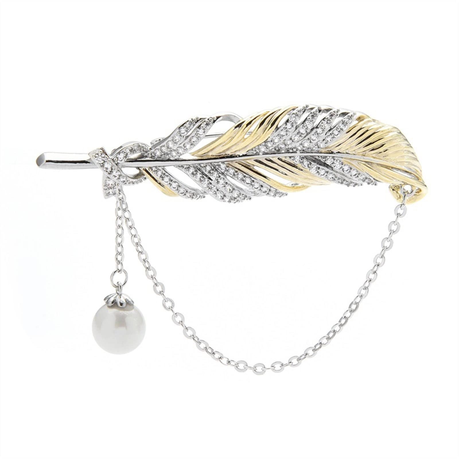 Pearl Chain Feather Brooch | Elegant Minimal Women’s Wedding Pin Accessory
