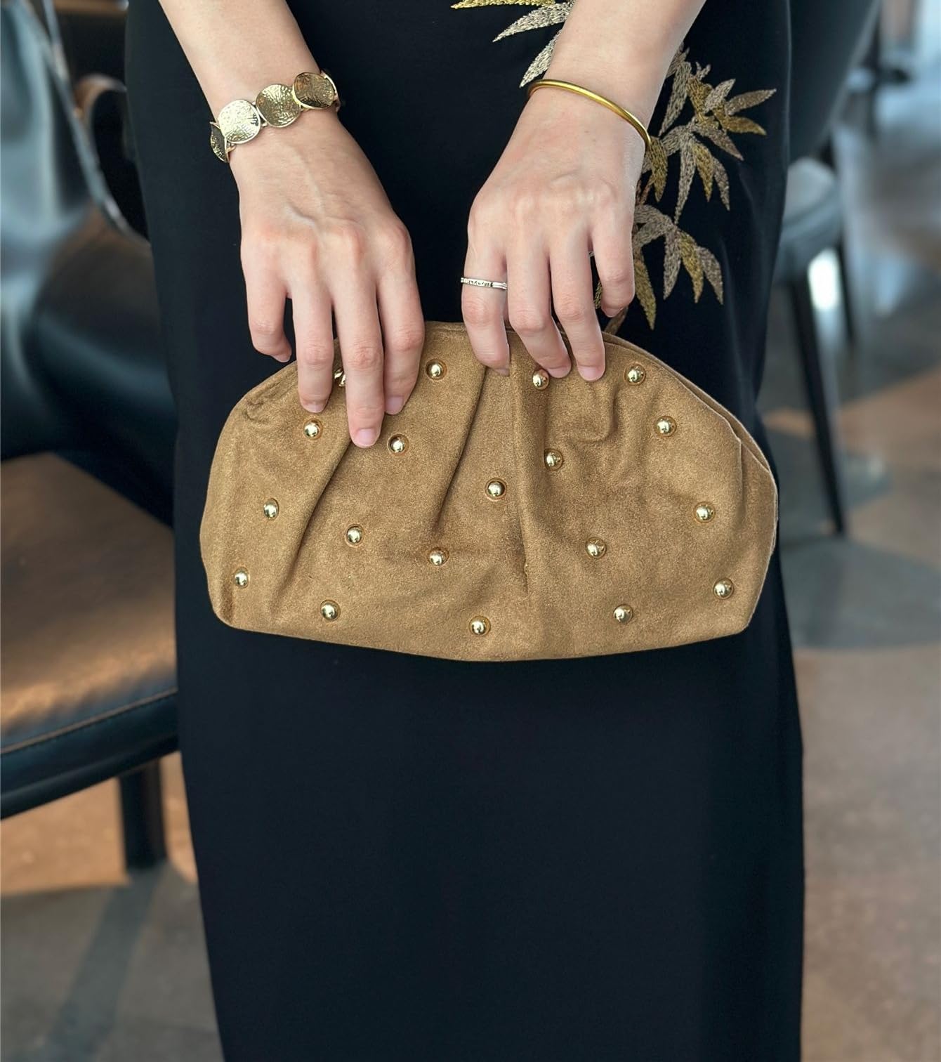 Studded Evening Clutch Bag | Minimal Suede Chain Strap Handbag for Women