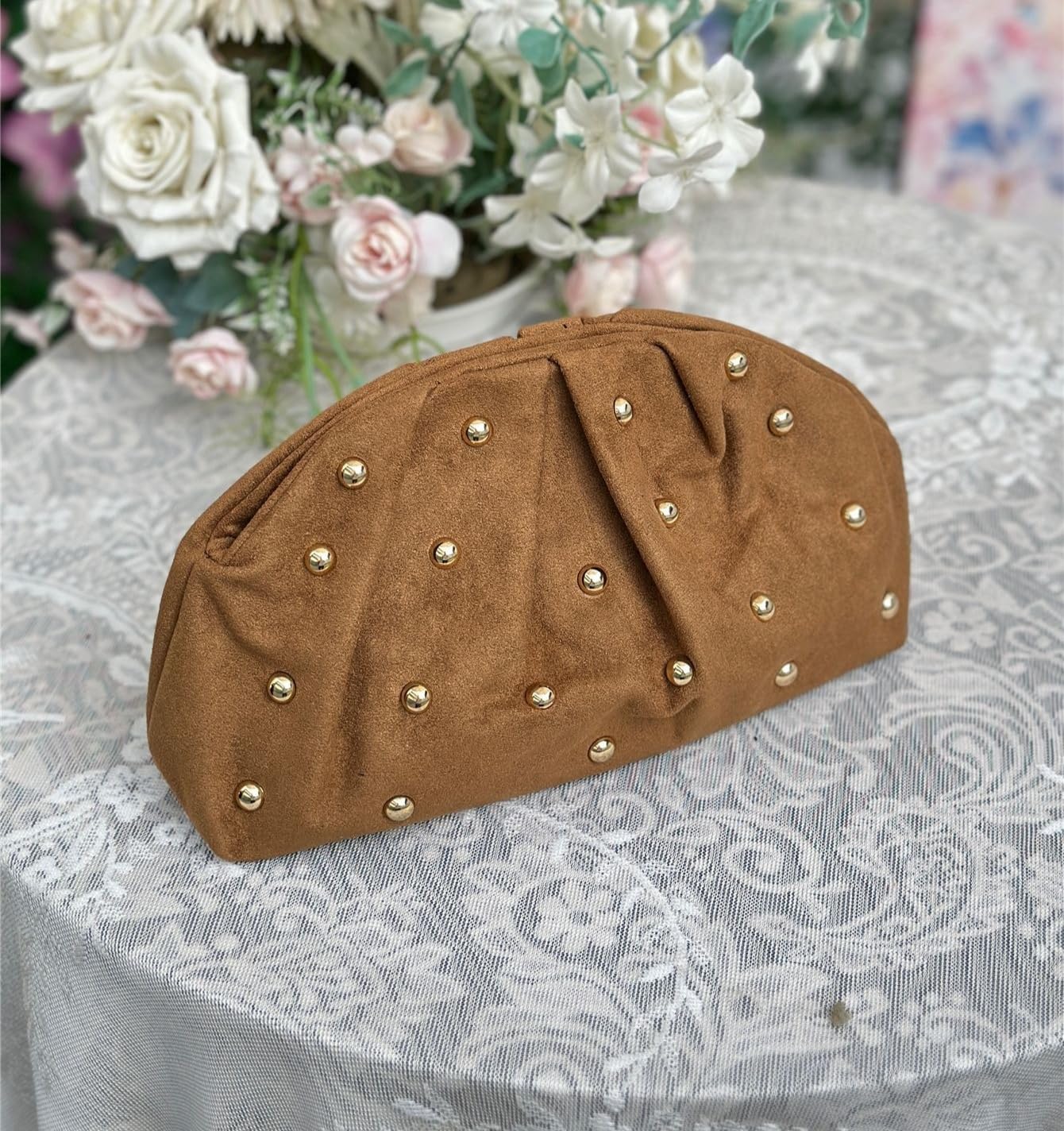 Studded Evening Clutch Bag | Minimal Suede Chain Strap Handbag for Women