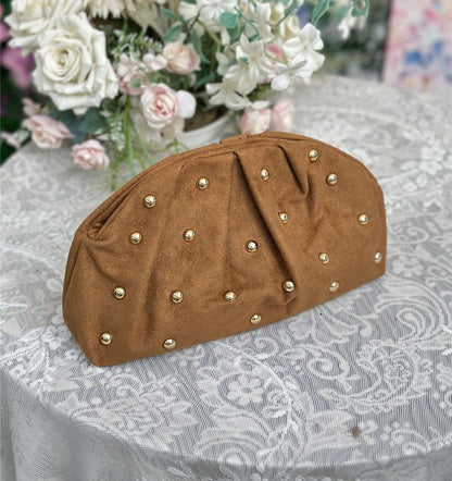 Studded Evening Clutch Bag | Minimal Suede Chain Strap Handbag for Women