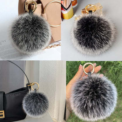 Fox Fur Pom Keychain | Minimal Women’s Black Fluffy Bag Charm