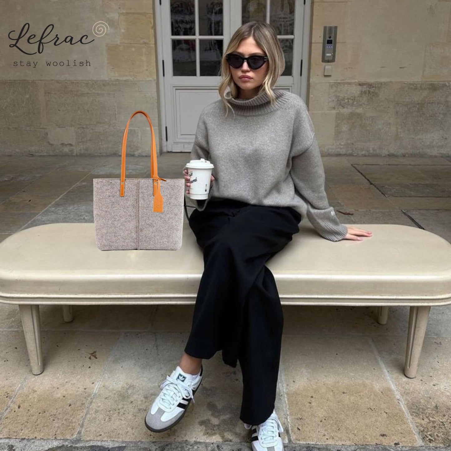 Medium Wool Felt Tote Bag | Minimal Vegan Leather Women’s Grey Fashion Tote