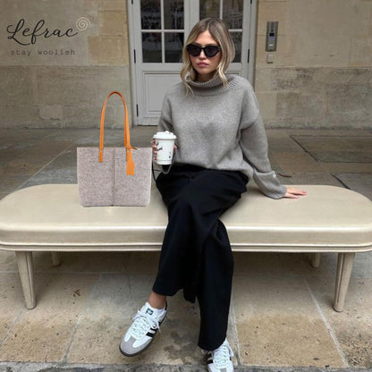 Medium Wool Felt Tote Bag | Minimal Vegan Leather Women’s Grey Fashion Tote