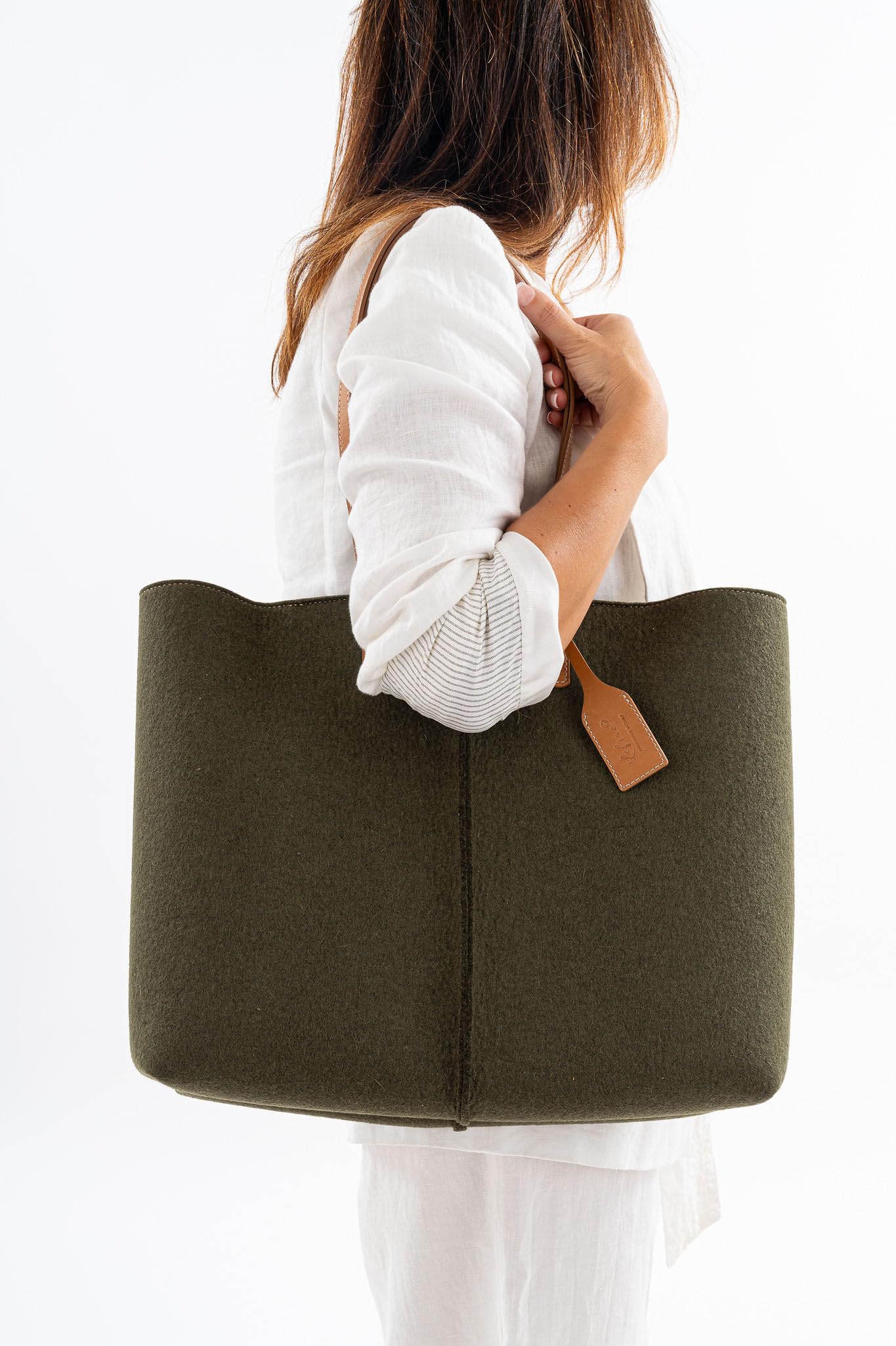 Large Capacity Tote Bag | Minimal Women’s Wool Felt Vegan Leather Green Tote